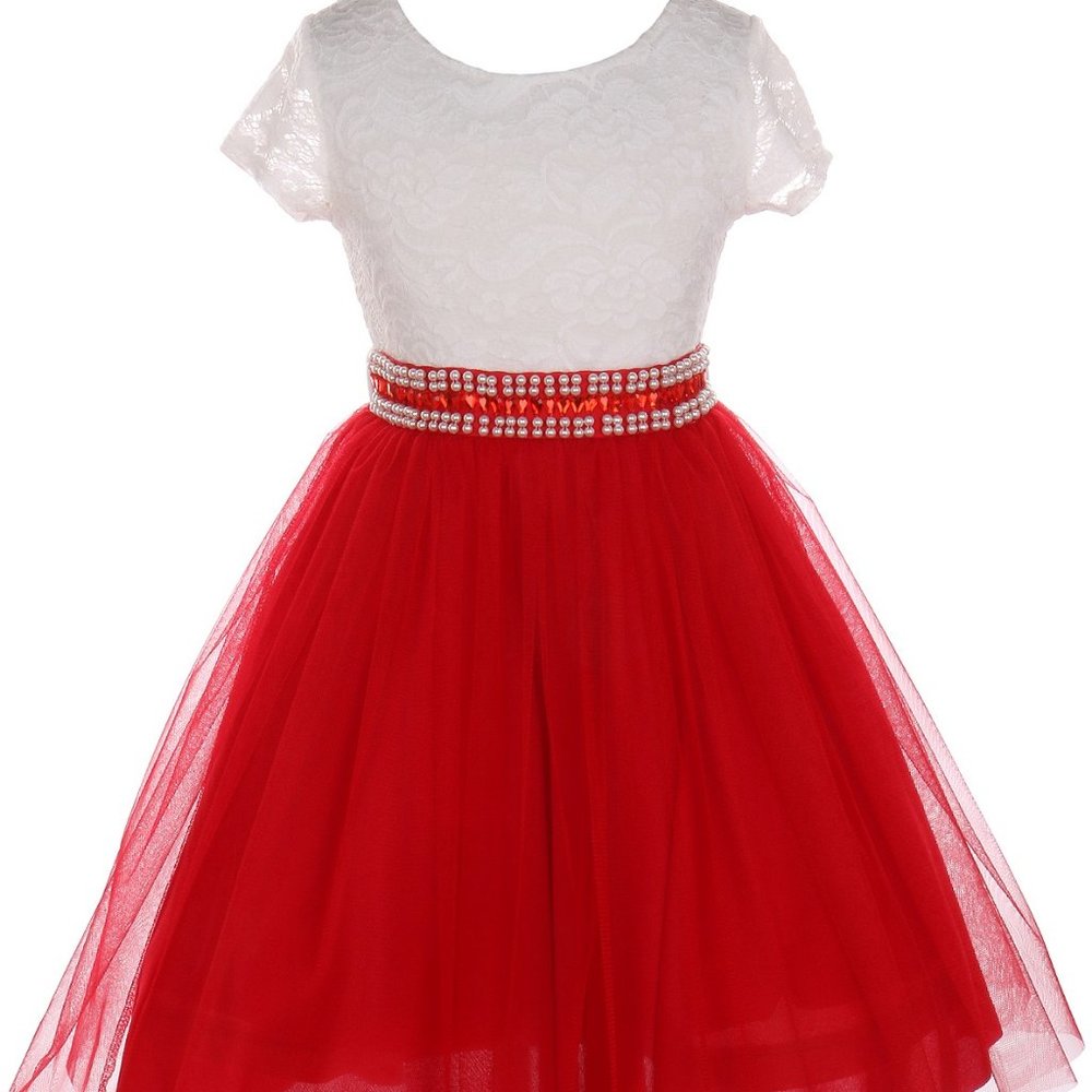 Red SZ 8 Cap Sleeve Lace Top Tulle Shiny Stone Graduation Flower Girl Dress